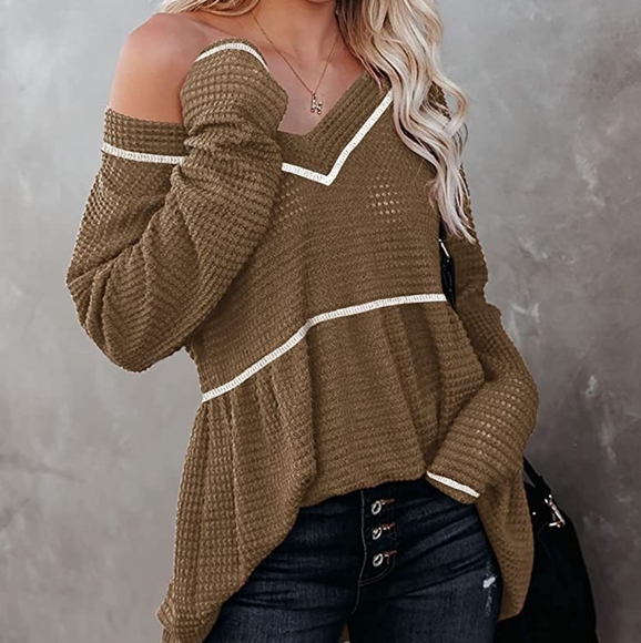 Womens V Neck Waffle Tunic Top Long Sleeve Pullover Babydoll - Picture 2 of 5